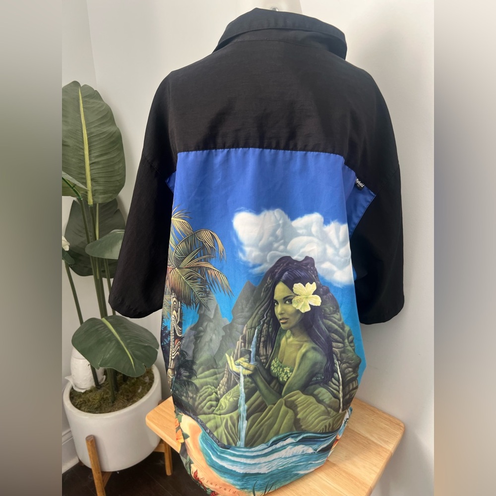 Rietveld USA Black Button Up Shirt Hawaiian Men's Mermaid Girl Art Ocean XL